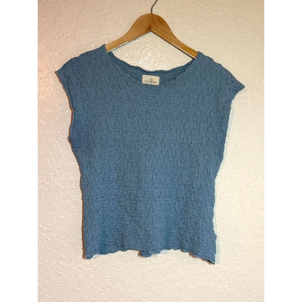 Umgee Light Blue Crinkle Top Short Sleeve Blouse Medium Y2K